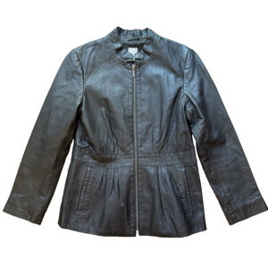 J.Jill Genuine Leather Peplum Jacket Women's Small Black Zip Front Tailored
